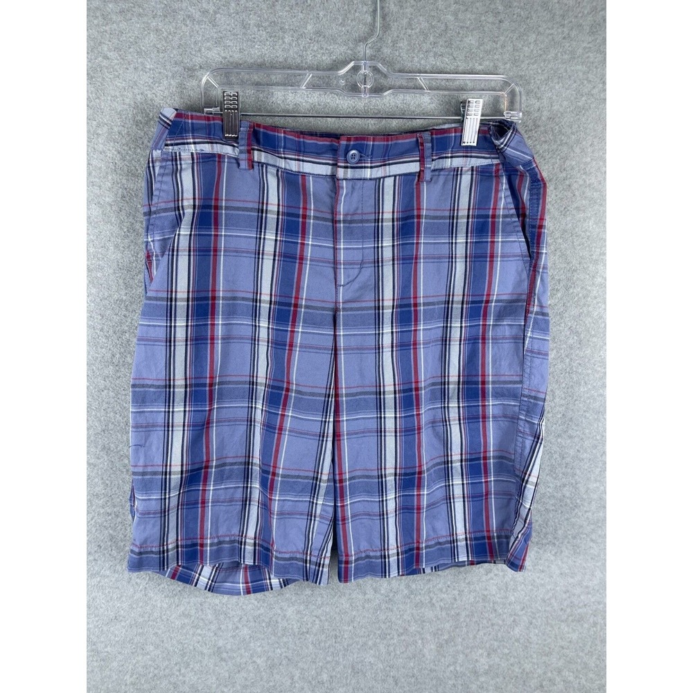 Eddie Bauer Chino Shorts Womens 12 Blue Plaid Outdoors Long Mid Rise